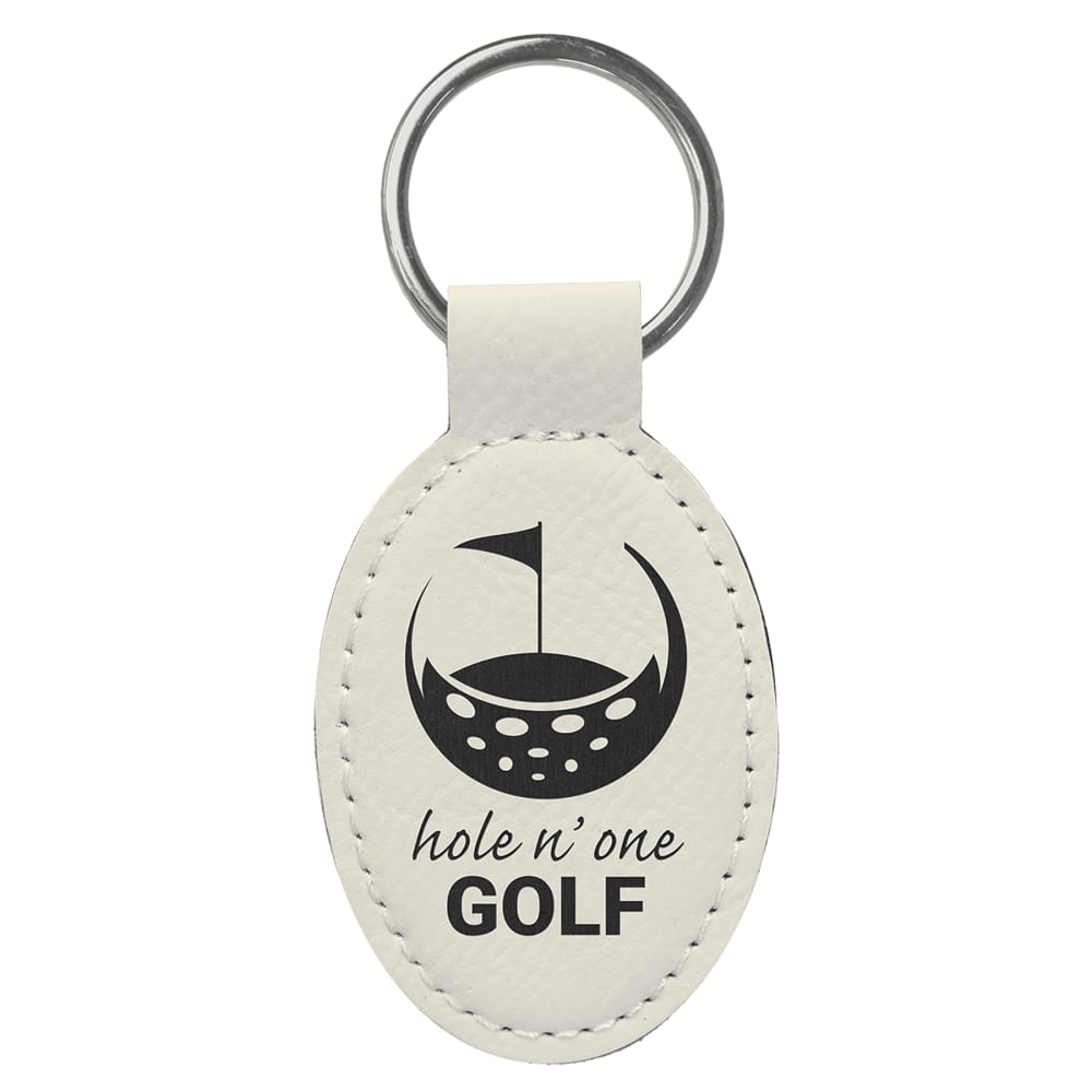 Personalized Leather Keychain, Engraved Faux Leather - Oval, 3" x 1 3/4", White & Black
