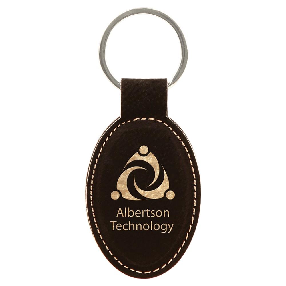 Personalized Leather Keychain, Engraved Faux Leather - Oval, 3" x 1 3/4", Black & Gold