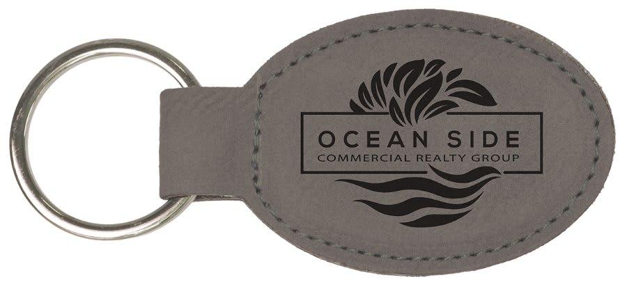Personalized Leather Keychain, Engraved Faux Leather - Oval, 3" x 1 3/4", Gray