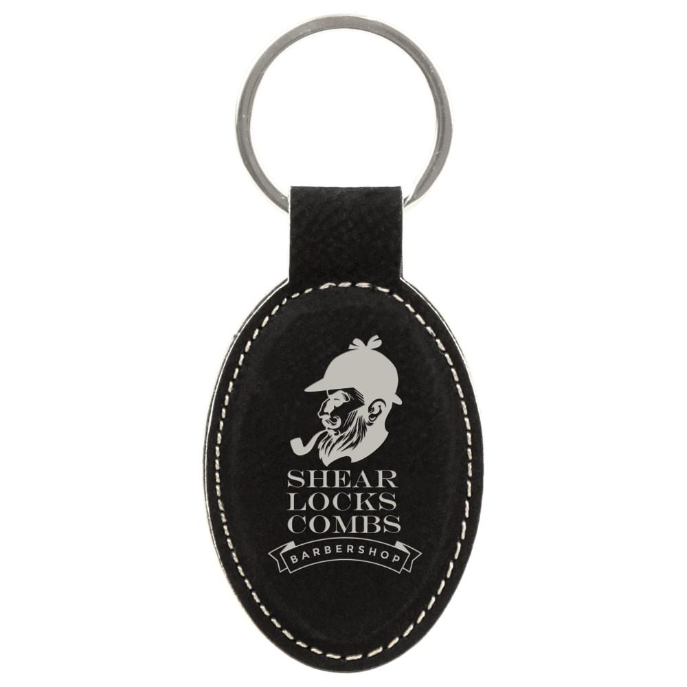 Personalized Leather Keychain, Engraved Faux Leather - Oval, 3" x 1 3/4", Black & Silver
