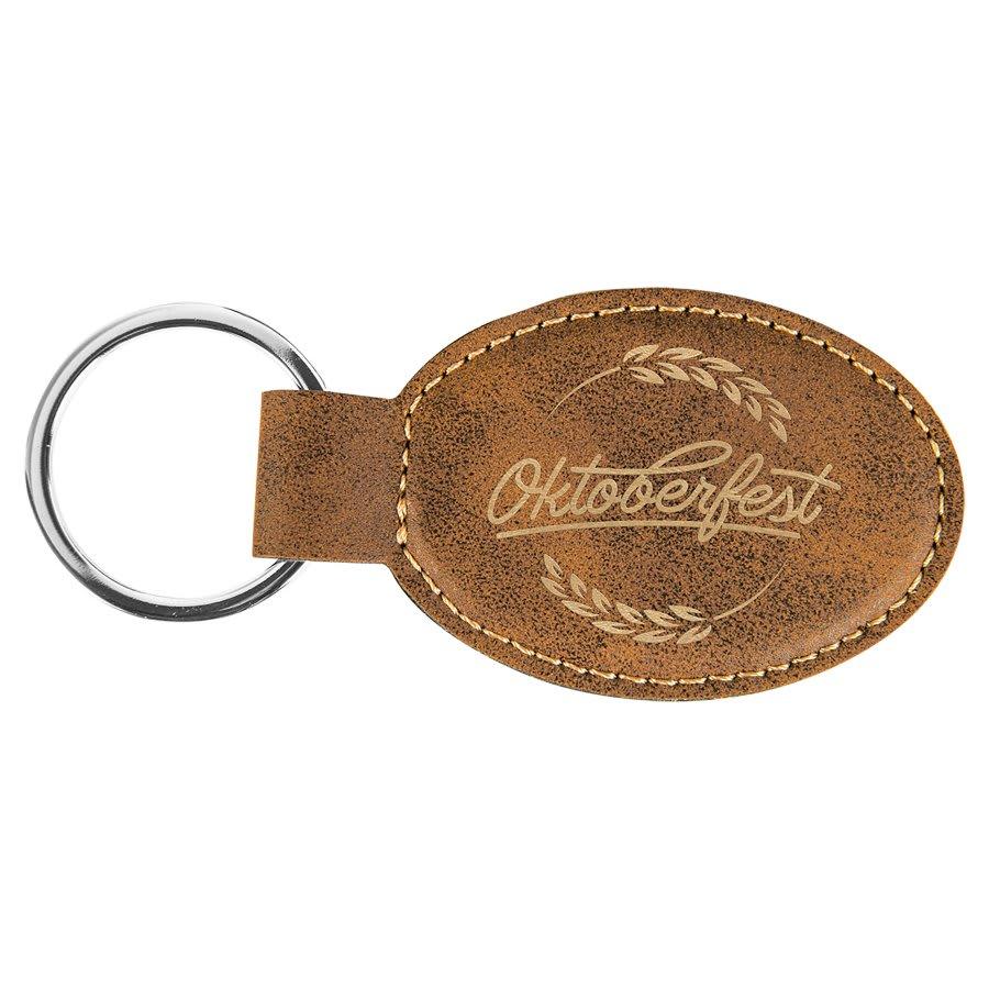 Personalized Leather Keychain, Engraved Faux Leather - Oval, 3" x 1 3/4", Rustic & Gold