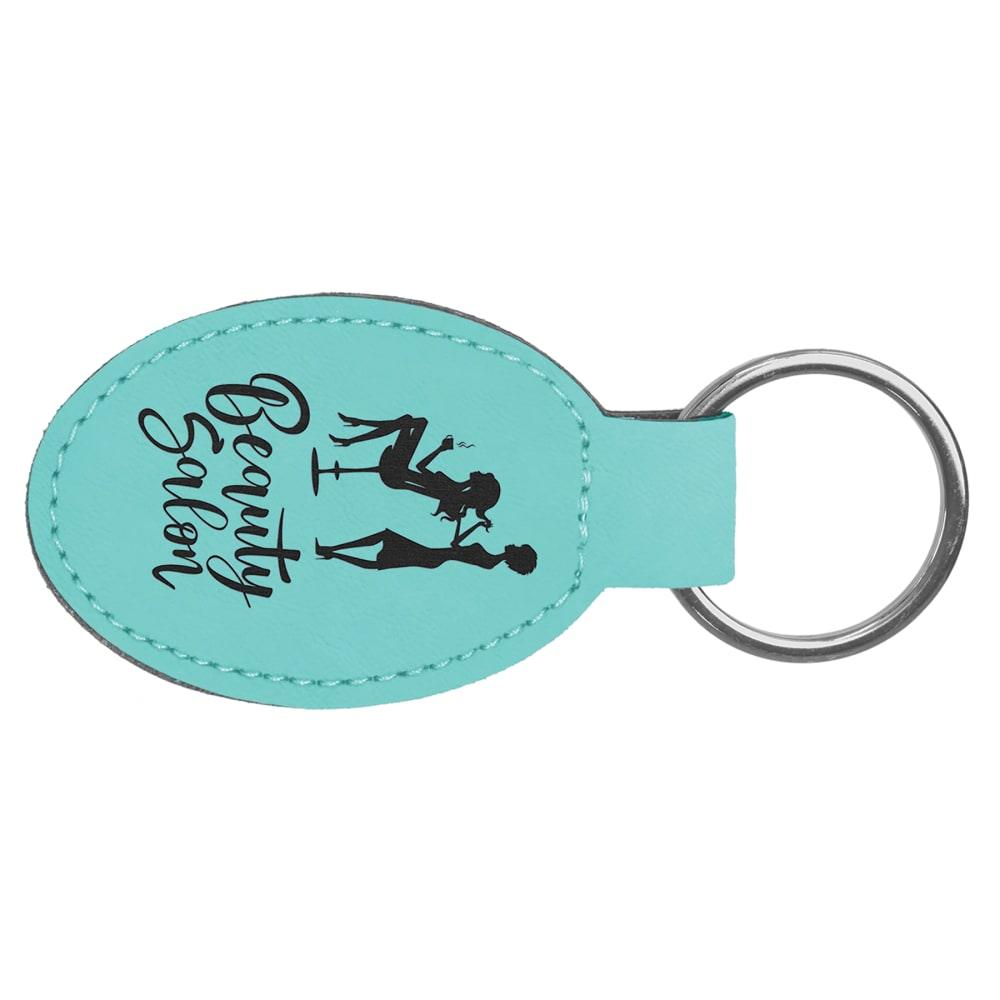 Personalized Leather Keychain, Engraved Faux Leather - Oval, 3" x 1 3/4", Teal