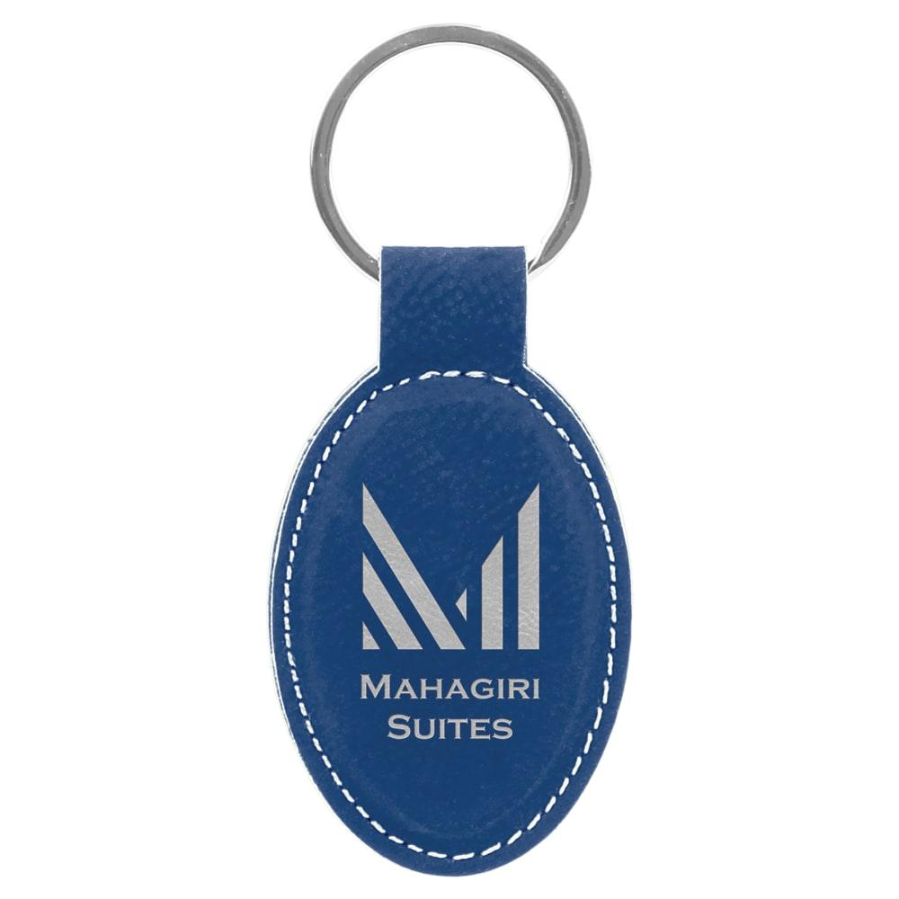 Personalized Leather Keychain, Engraved Faux Leather - Oval, 3" x 1 3/4", Blue & Silver