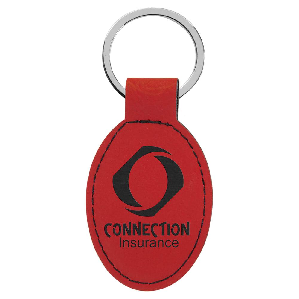 Personalized Leather Keychain, Engraved Faux Leather - Oval, 3" x 1 3/4", Red & Black