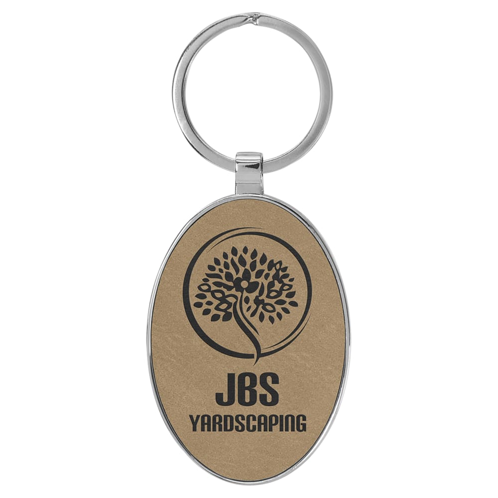 Personalized Metal Keychain with Engraved Leather Insert - Oval, 3" x 1 3/4", Light Brown