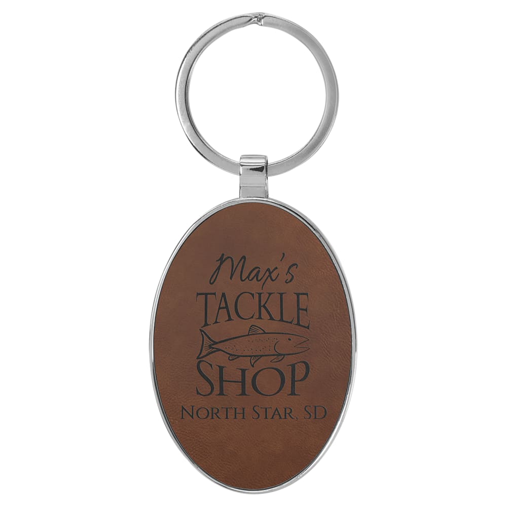 Personalized Metal Keychain with Engraved Leather Insert - Oval, 3" x 1 3/4", Dark Brown