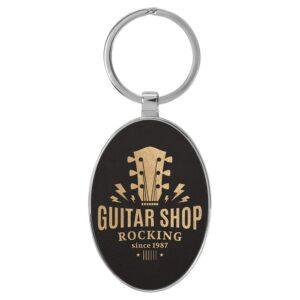 Personalized Metal Keychain with Engraved Leather Insert - Oval, 3" x 1 3/4", Black & Gold