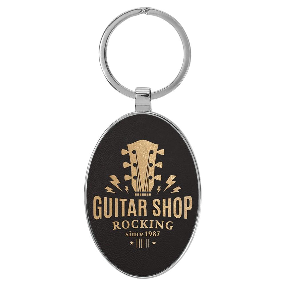 Personalized Metal Keychain with Engraved Leather Insert - Oval, 3" x 1 3/4", Black & Gold