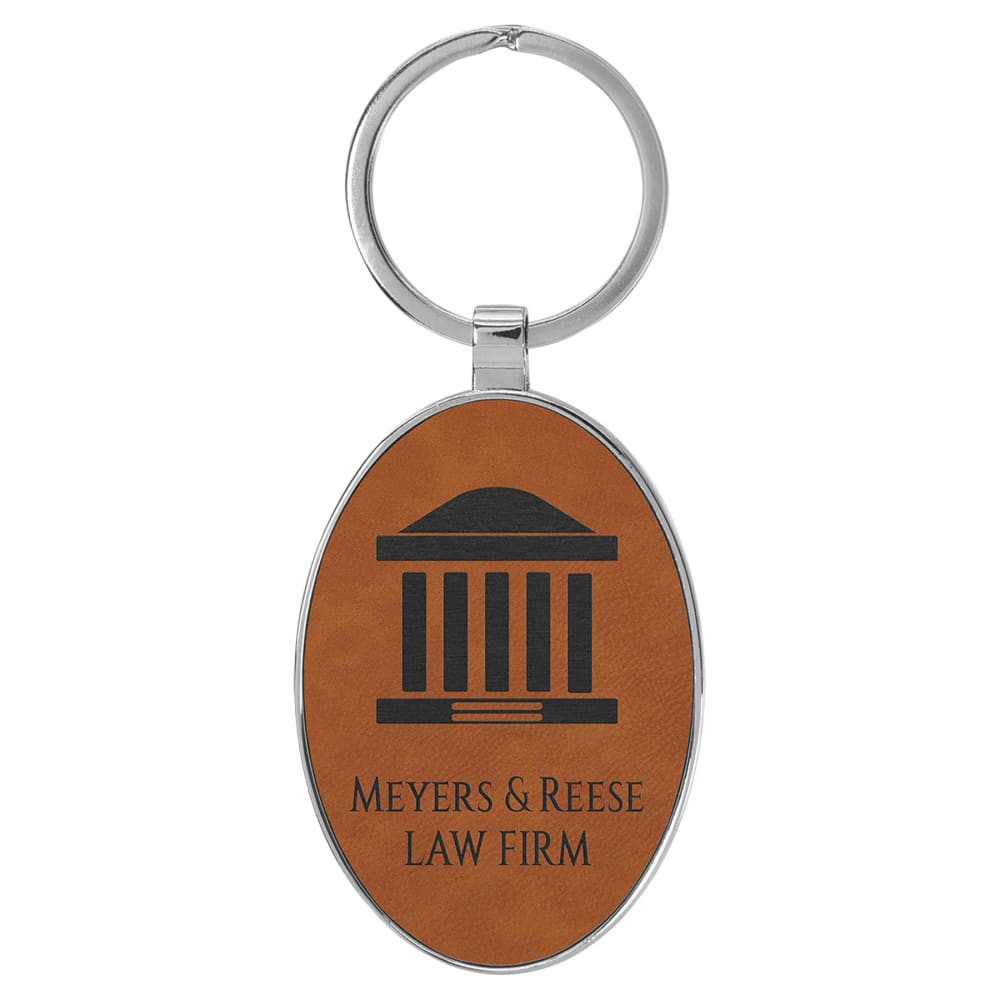 Personalized Metal Keychain with Engraved Leather Insert - Oval, 3" x 1 3/4", Rawhide