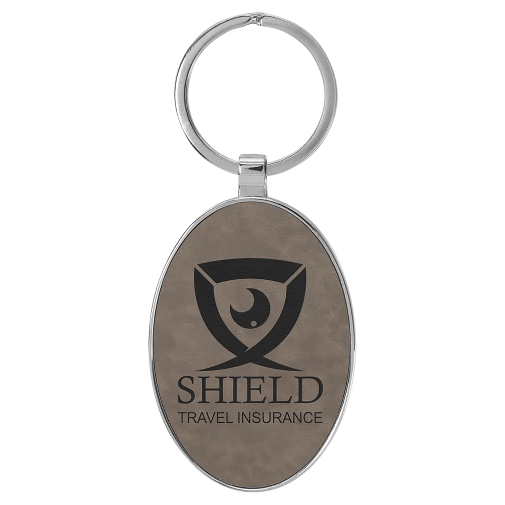 Personalized Metal Keychain with Engraved Leather Insert - Oval, 3" x 1 3/4", Gray