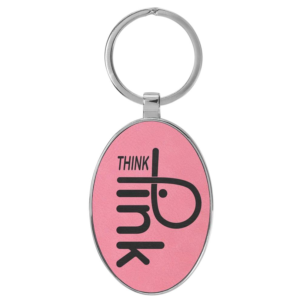 Personalized Metal Keychain with Engraved Leather Insert - Oval, 3" x 1 3/4", Pink
