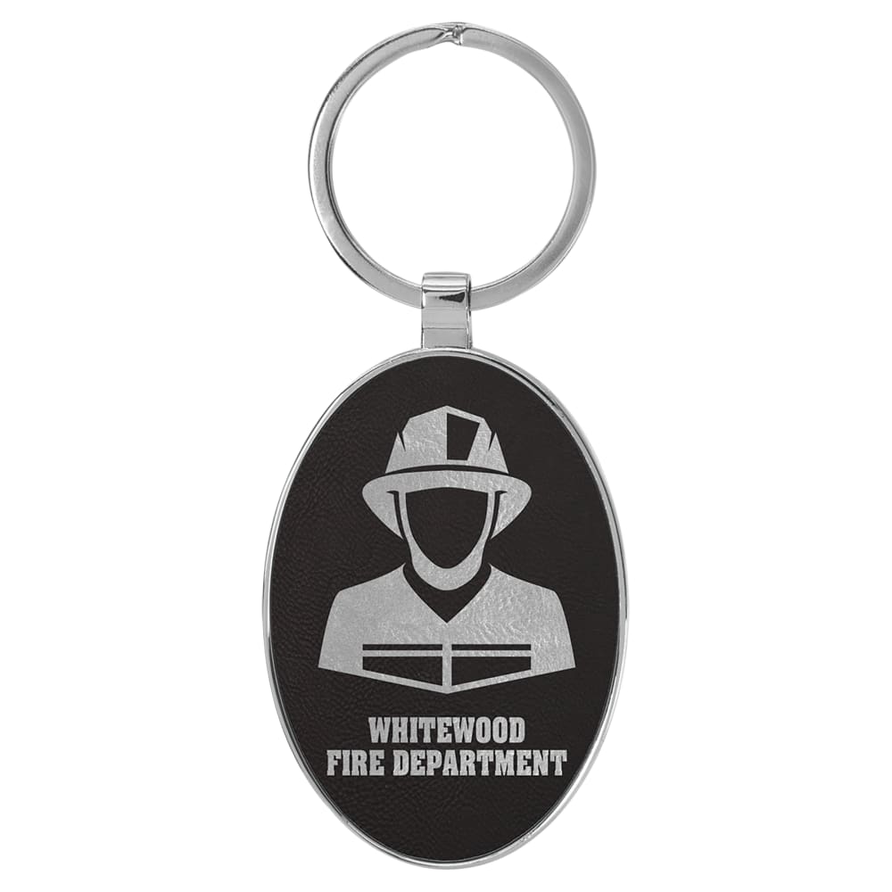 Personalized Metal Keychain with Engraved Leather Insert - Oval, 3" x 1 3/4", Black & Silver