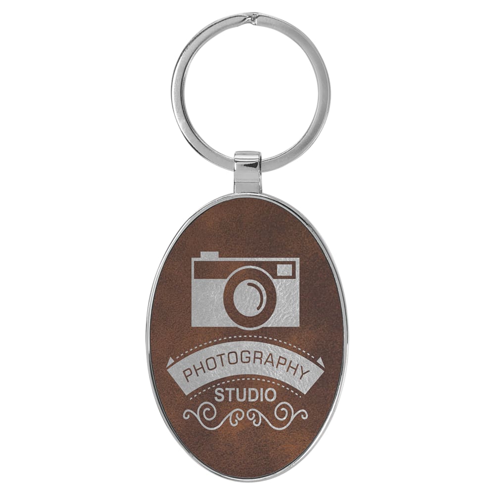Personalized Metal Keychain with Engraved Leather Insert - Oval, 3" x 1 3/4", Rustic & Silver
