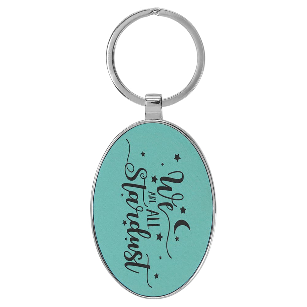 Personalized Metal Keychain with Engraved Leather Insert - Oval, 3" x 1 3/4", Teal