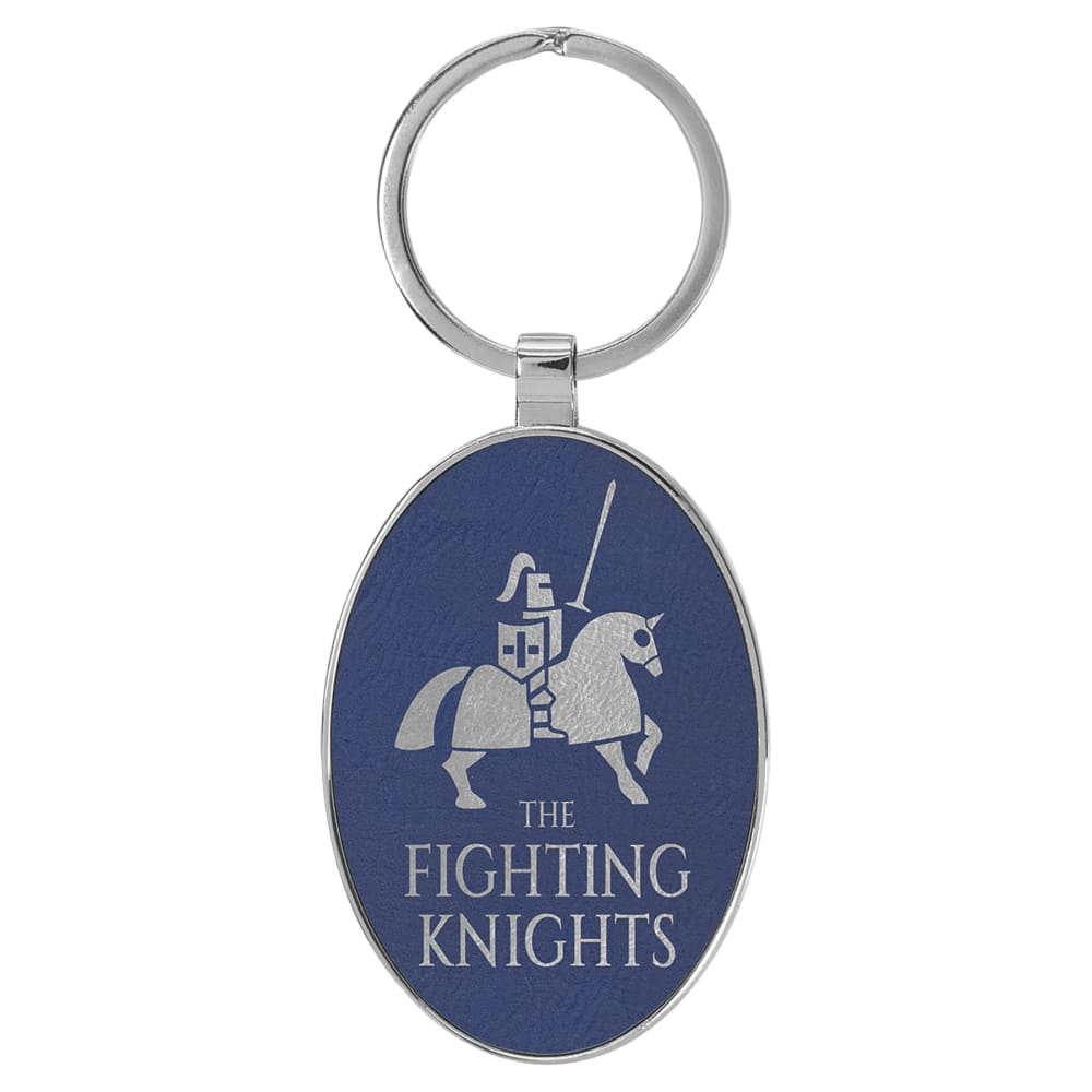 Personalized Metal Keychain with Engraved Leather Insert - Oval, 3" x 1 3/4", Blue & Silver