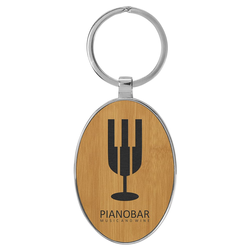 Personalized Metal Keychain with Engraved Leather Insert - Oval, 3" x 1 3/4", Bamboo