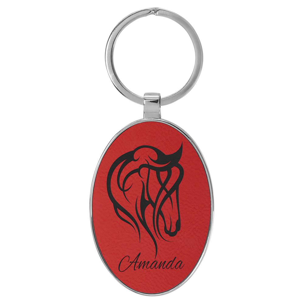 Personalized Metal Keychain with Engraved Leather Insert - Oval, 3" x 1 3/4", Red & Black