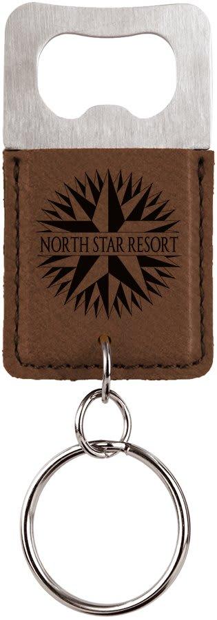 Personalized Bottle Opener Keychain, Engraved Faux Leather - Rectangle, Dark Brown