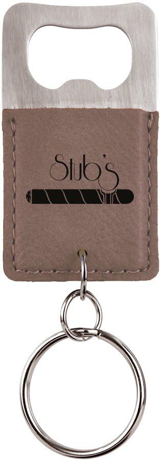 Personalized Bottle Opener Keychain, Engraved Faux Leather - Rectangle, Gray