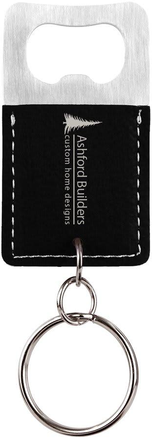 Personalized Bottle Opener Keychain, Engraved Faux Leather - Rectangle, Black & Silver