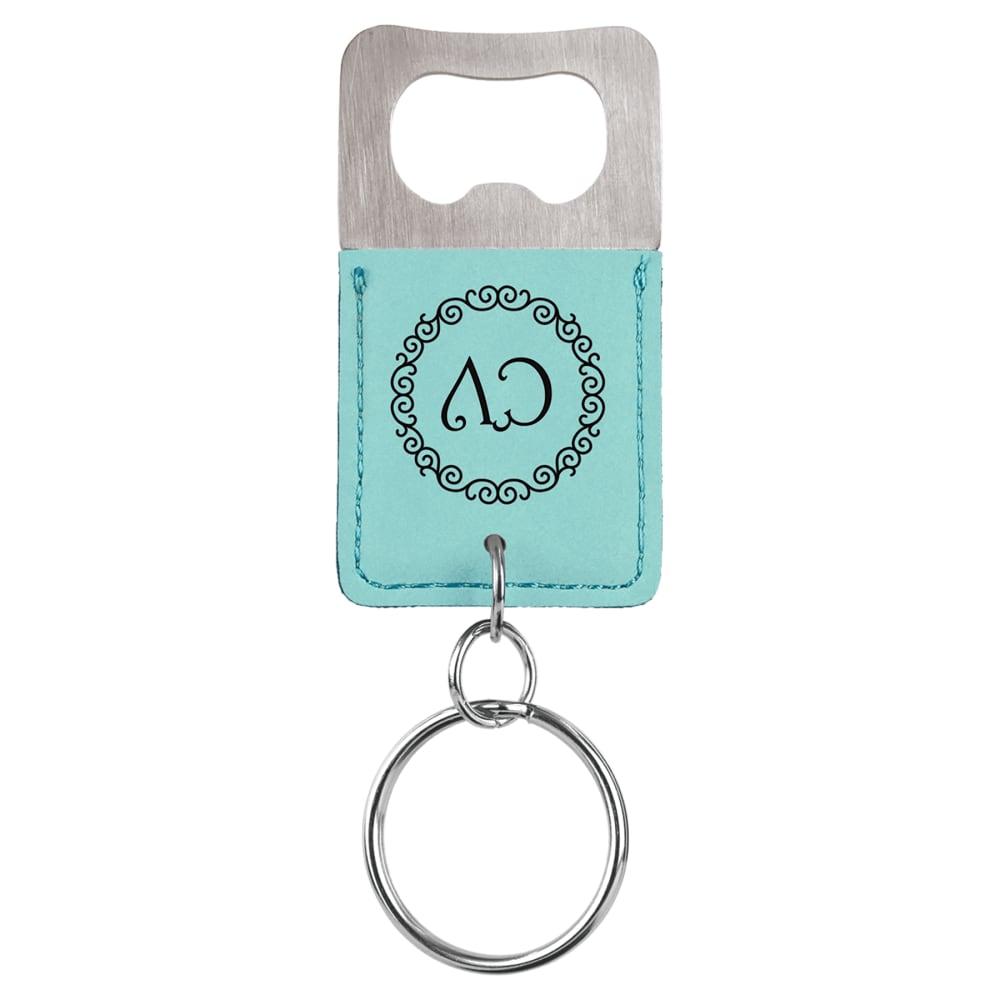 Personalized Bottle Opener Keychain, Engraved Faux Leather - Rectangle, Teal