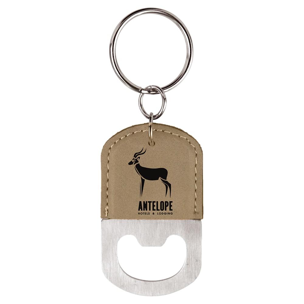 Personalized Bottle Opener Keychain, Engraved Faux Leather - Oval, Light Brown