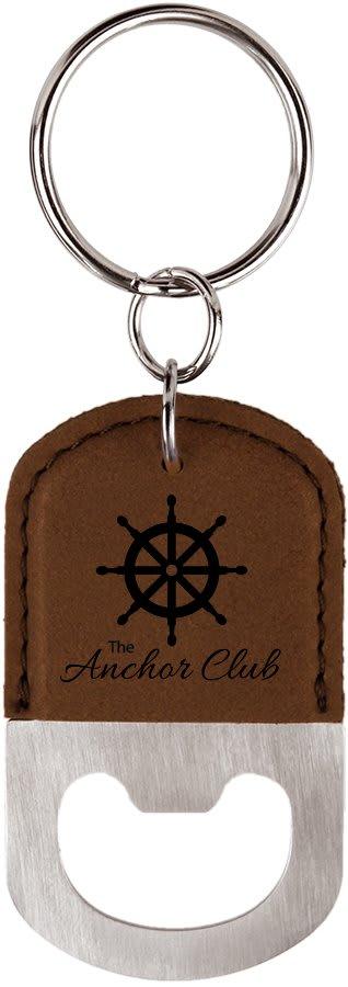 Personalized Bottle Opener Keychain, Engraved Faux Leather - Oval, Dark Brown