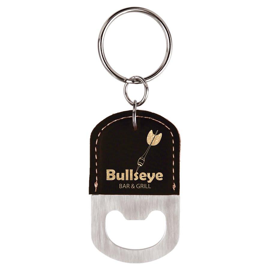 Personalized Bottle Opener Keychain, Engraved Faux Leather - Oval, Black & Gold