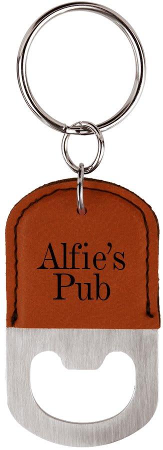 Personalized Bottle Opener Keychain, Engraved Faux Leather - Oval, Rawhide