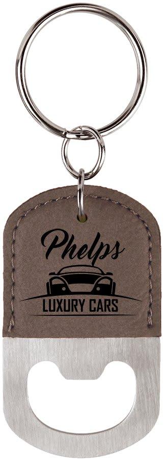 Personalized Bottle Opener Keychain, Engraved Faux Leather - Oval, Gray