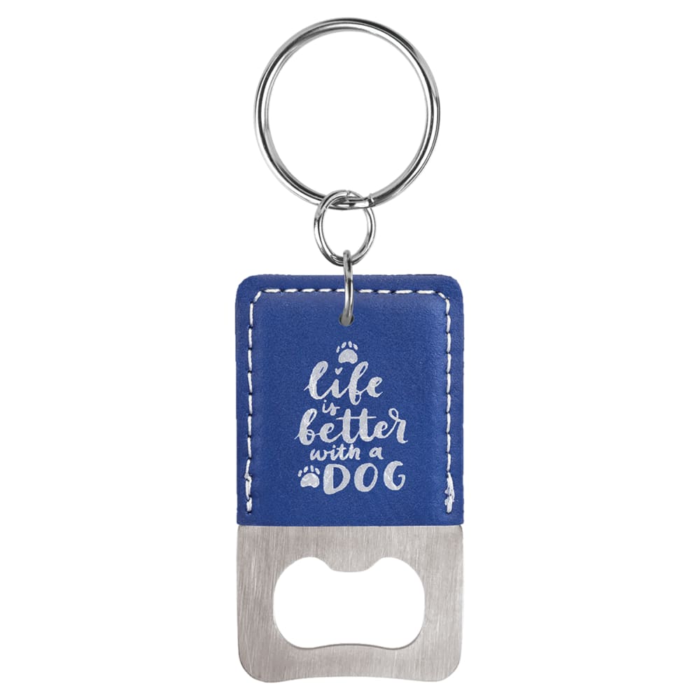 Personalized Bottle Opener Keychain, Engraved Faux Leather - Rectangle, Blue & Silver