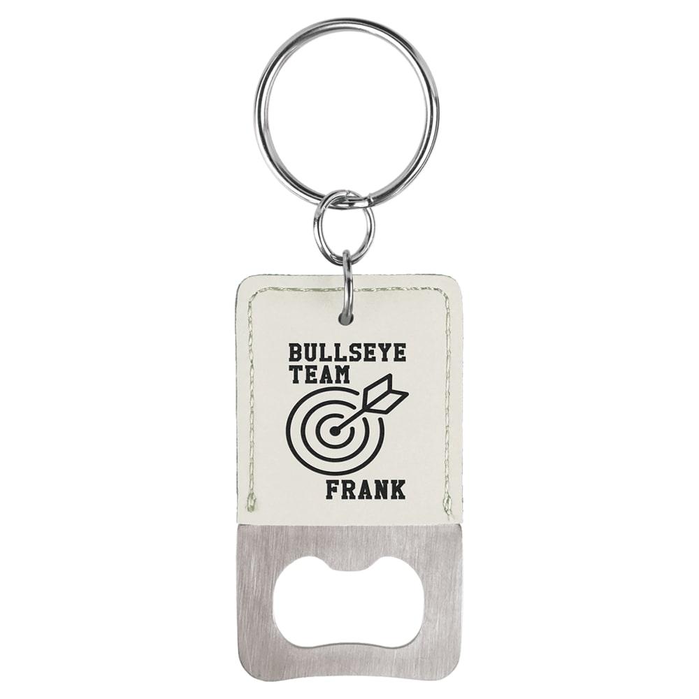 Personalized Bottle Opener Keychain, Engraved Faux Leather - Rectangle, White & Black