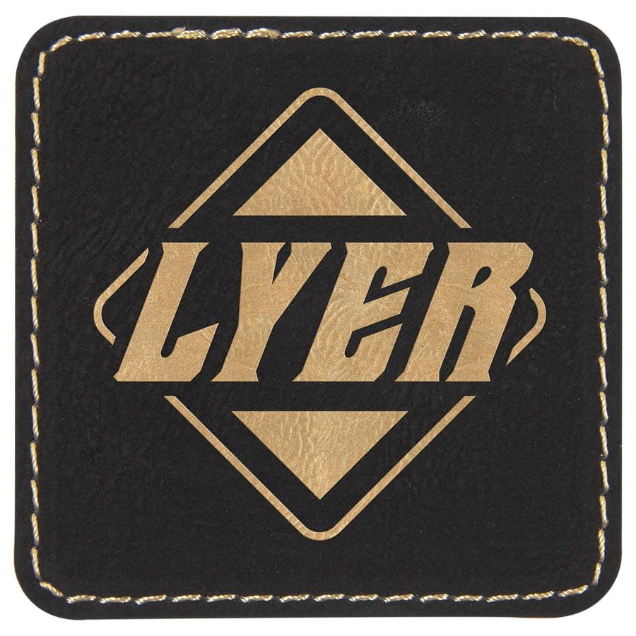 Laserable Leatherette Patch Blanks with Adhesive, Rectangle and Square (Packs) - 2 1/2" x 2 1/2" Square Black/Gold