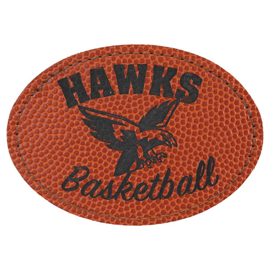 Laserable Leatherette Patch Blanks with Adhesive, Round and Oval (Packs) - 3 1/2" x 2 1/2" Oval Basketball