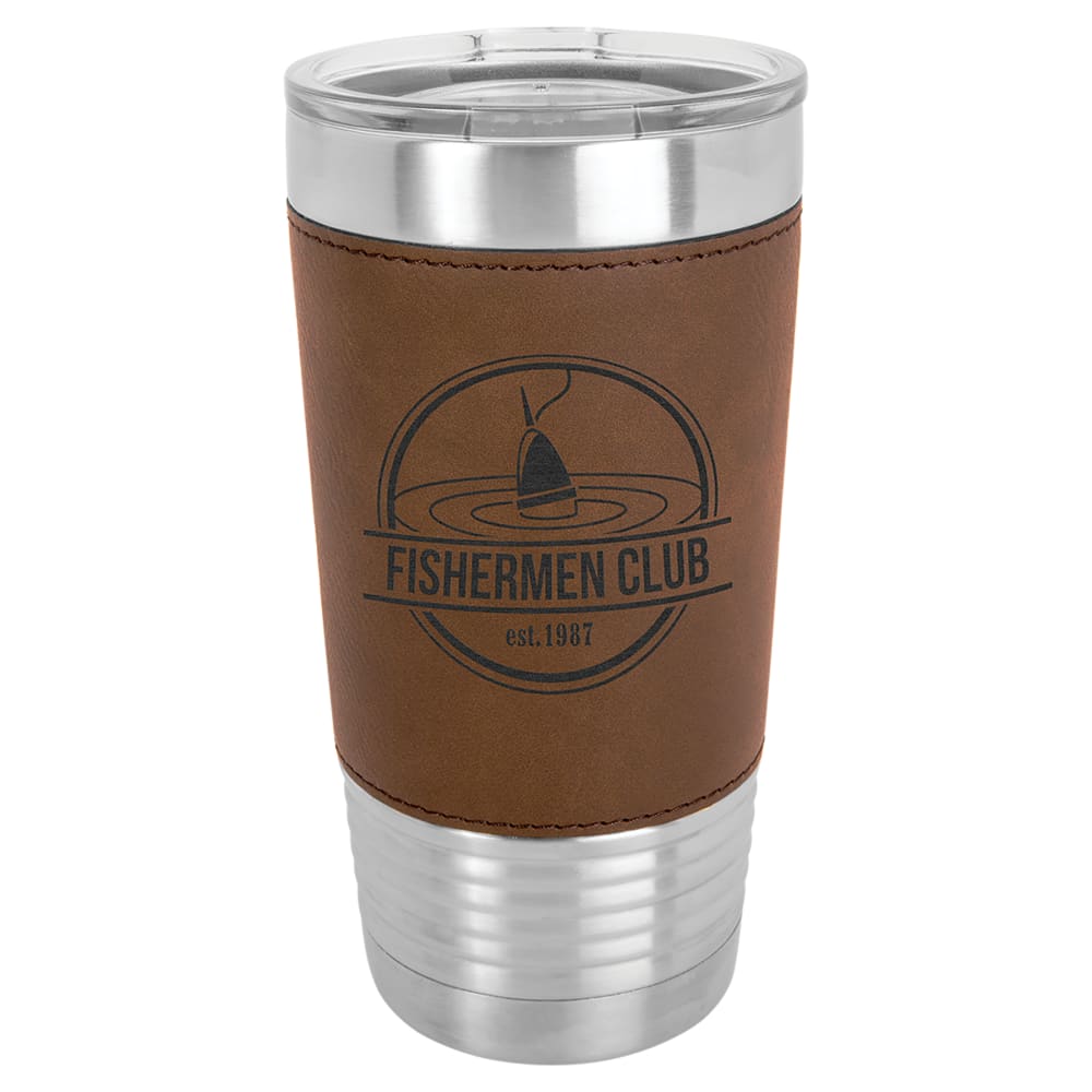 Personalized Polar Camel Faux Leather Tumbler - Faux Leather Grip, Clear Lid, Dark Brown