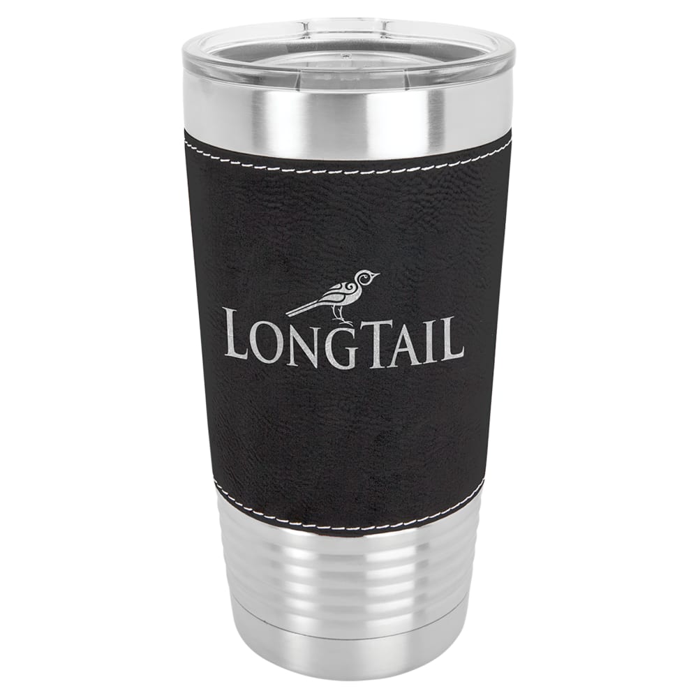 Personalized Polar Camel Faux Leather Tumbler - Faux Leather Grip, Clear Lid, Black / Silver