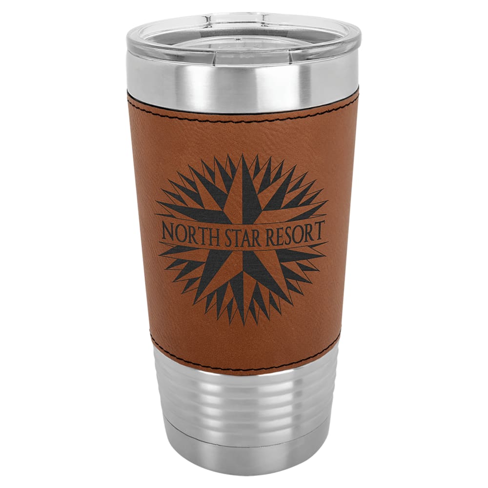 Personalized Polar Camel Faux Leather Tumbler - Faux Leather Grip, Clear Lid, Rawhide