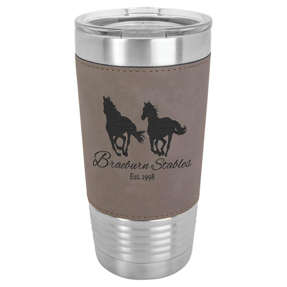 Personalized Polar Camel Faux Leather Tumbler - Faux Leather Grip, Clear Lid, Gray