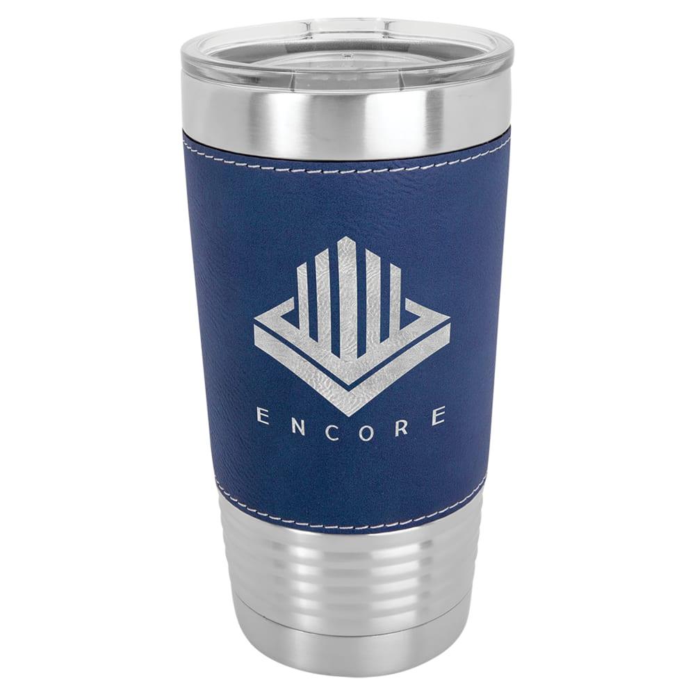 Personalized Polar Camel Faux Leather Tumbler - Faux Leather Grip, Clear Lid, Blue / Silver