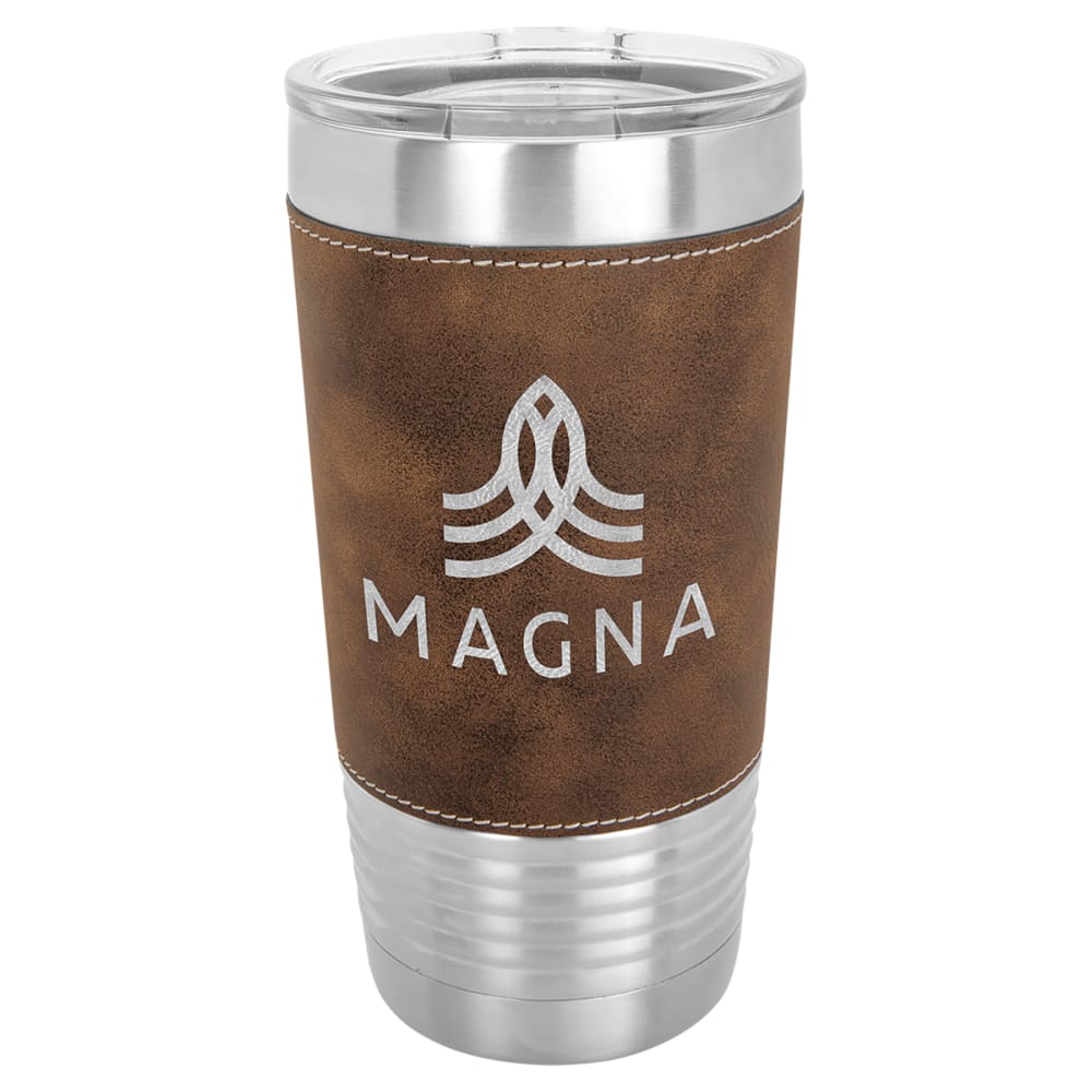 Personalized Polar Camel Faux Leather Tumbler - Faux Leather Grip, Clear Lid, Rustic / Silver