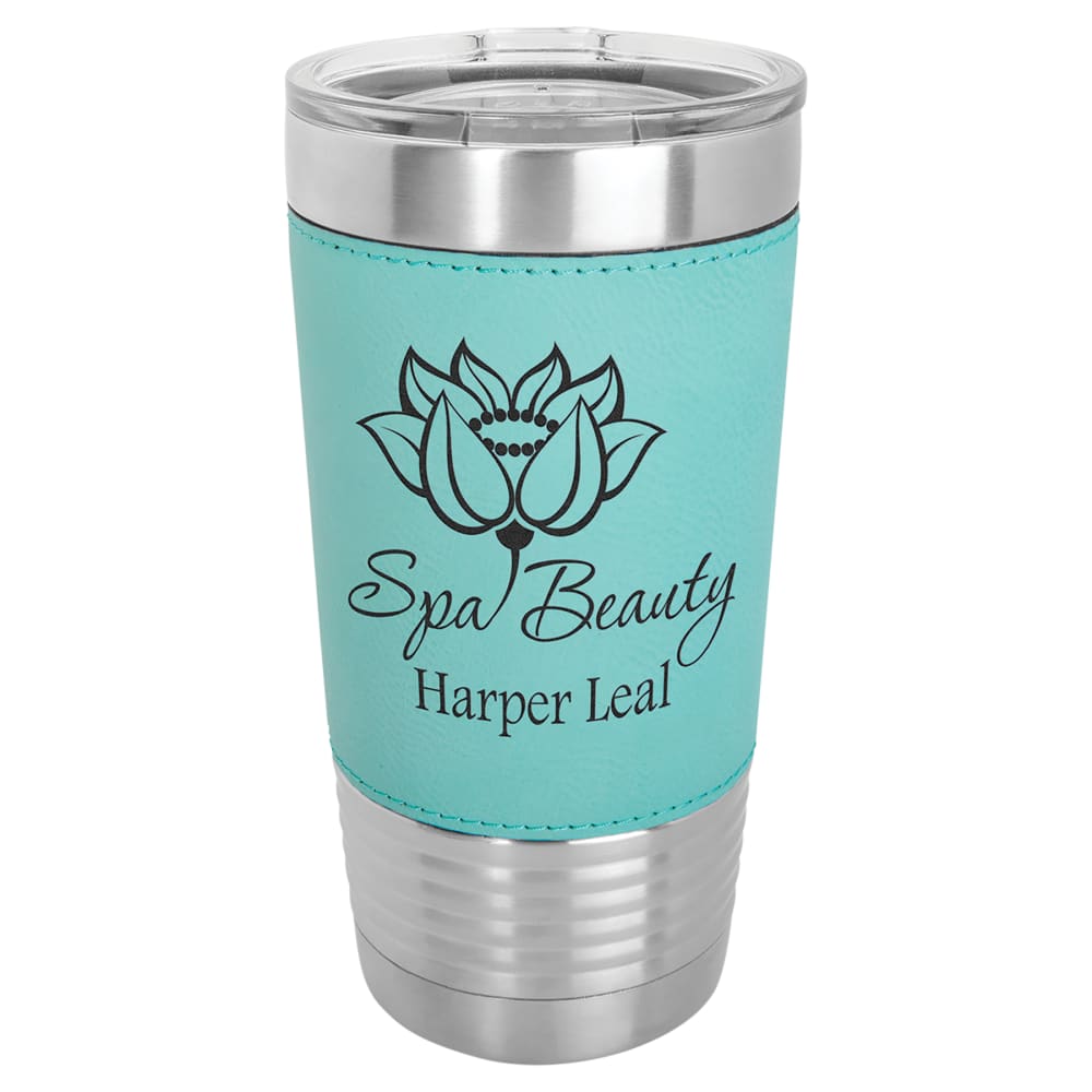 Personalized Polar Camel Faux Leather Tumbler - Faux Leather Grip, Clear Lid, Teal