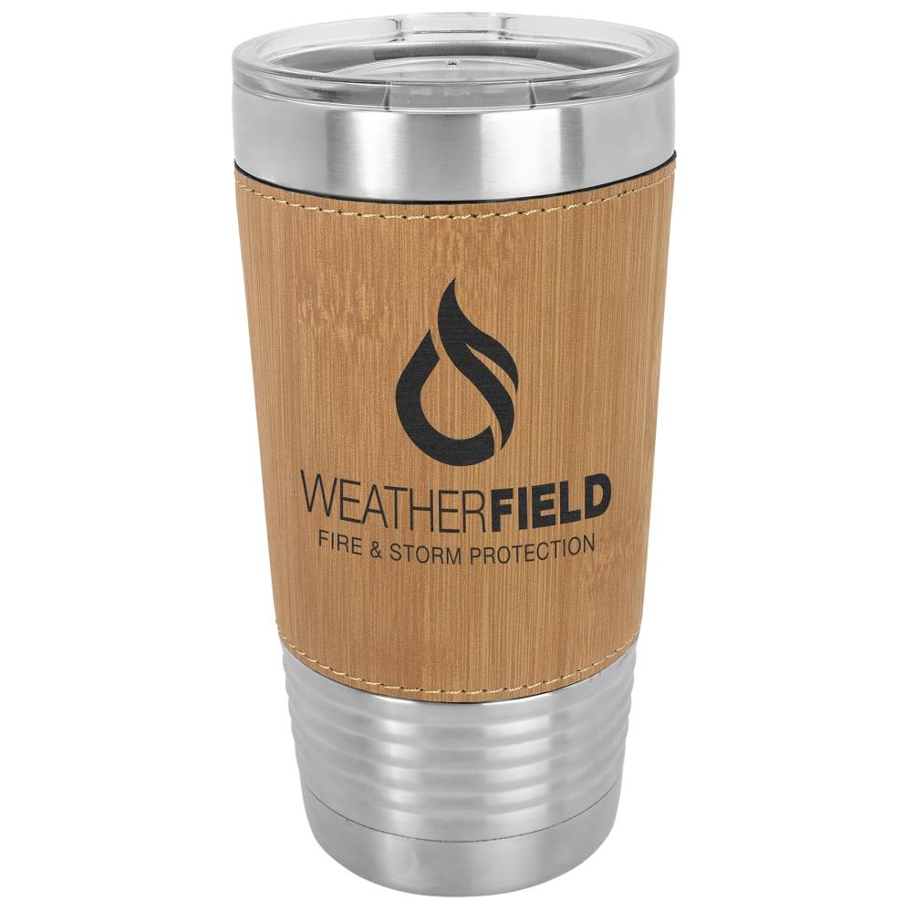 Personalized Polar Camel Faux Leather Tumbler - Faux Leather Grip, Clear Lid, Bamboo