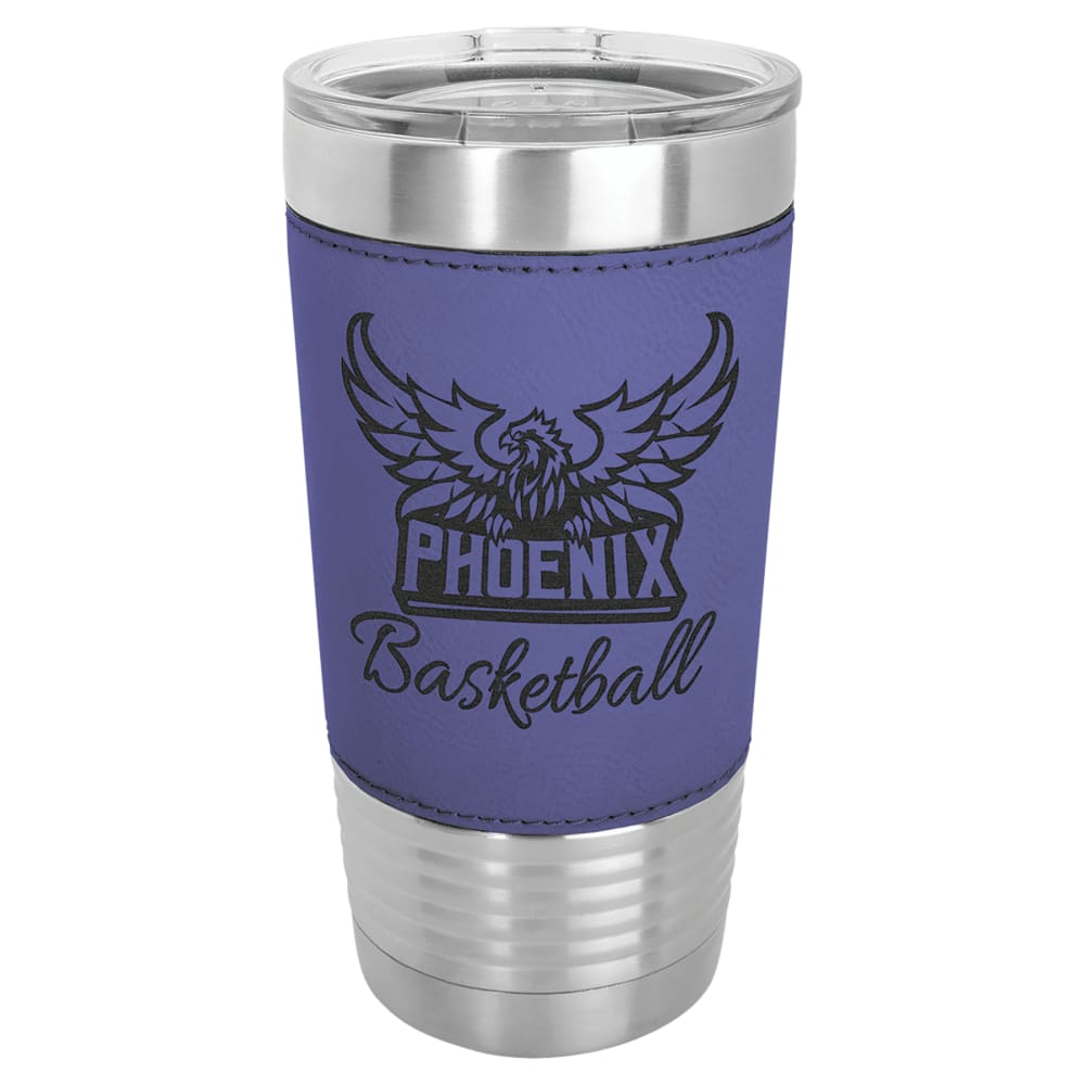 Personalized Polar Camel Faux Leather Tumbler - Faux Leather Grip, Clear Lid, Purple