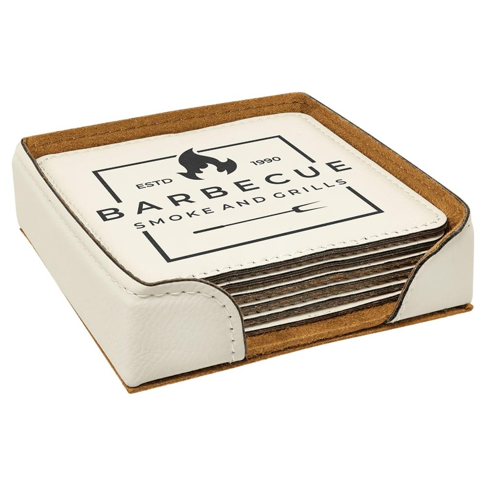 Personalized Leather Coaster Set with Holder, 6 Coasters - Square, White & Black