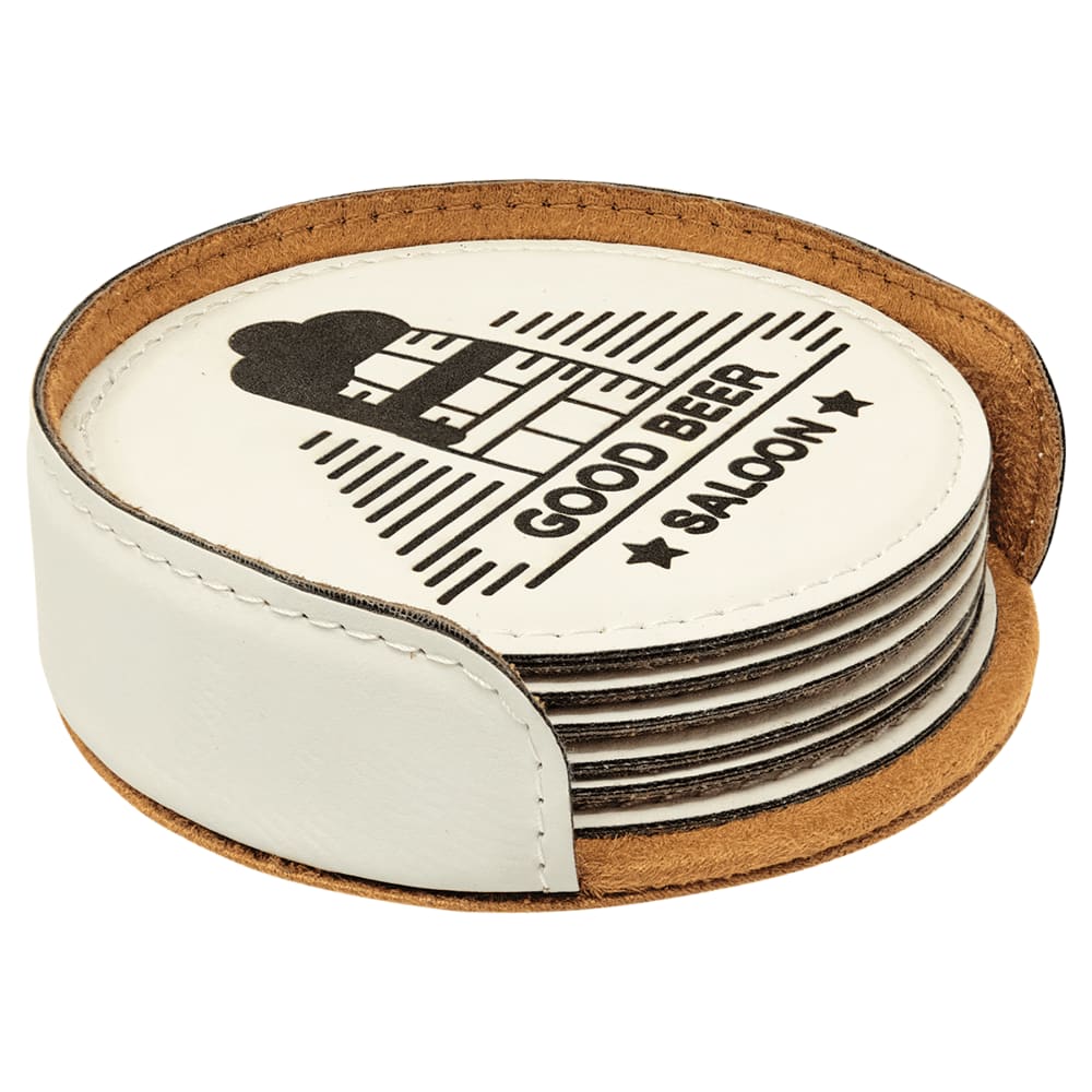 Personalized Leather Coaster Set with Holder, 6 Coasters - Round, White & Black