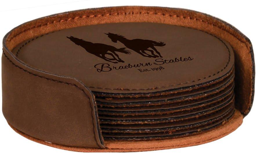 Personalized Leather Coaster Set with Holder, 6 Coasters - Round, Dark Brown