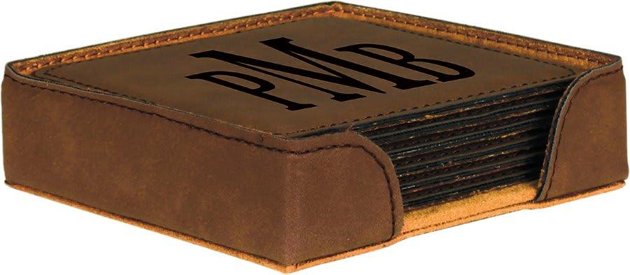 Personalized Leather Coaster Set with Holder, 6 Coasters - Square, Dark Brown