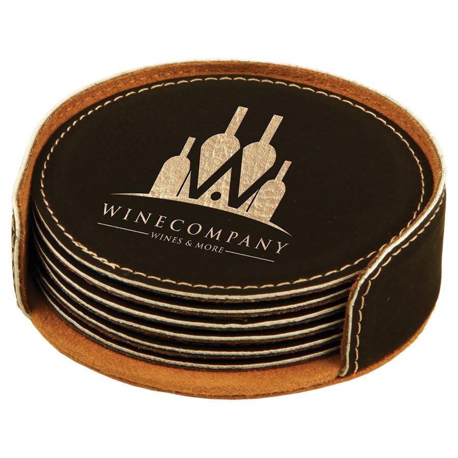 Personalized Leather Coaster Set with Holder, 6 Coasters - Round, Black & Gold