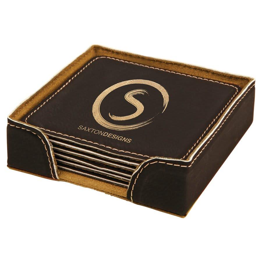 Personalized Leather Coaster Set with Holder, 6 Coasters - Square, Black & Gold