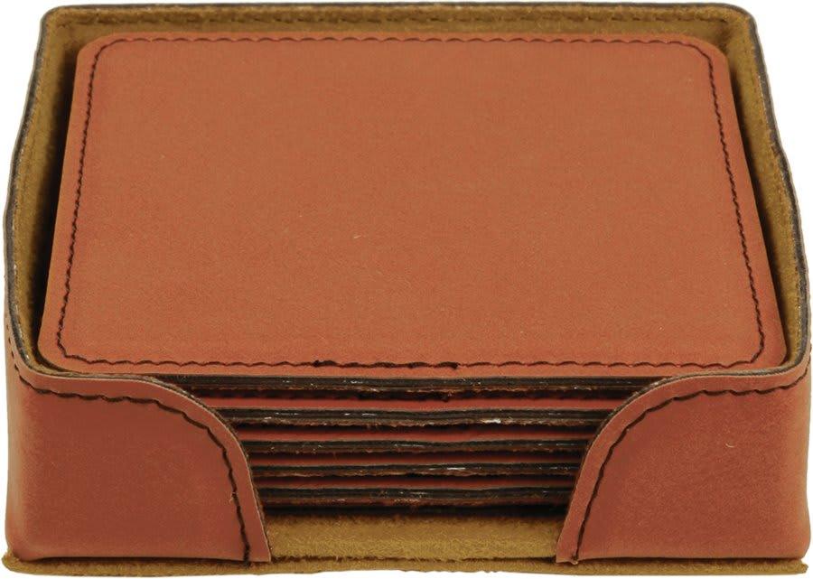 Personalized Leather Coaster Set with Holder, 6 Coasters - Square, Rawhide